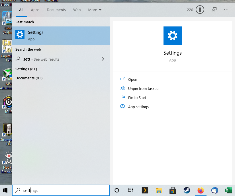 Finding the settings app within Windows 10