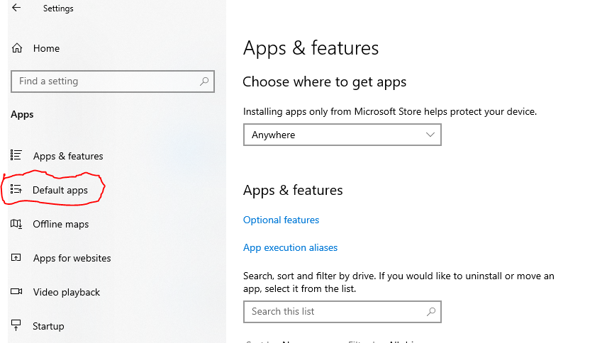 How to find the default apps menu item in settings app apps & features section