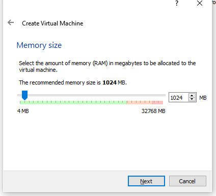Virtual Box setting up the ammount of memory available to the Virtual machine