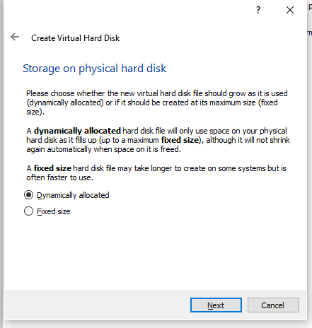 VirtualBox.  Is the Virtual Drive file size going to by Dynamic or Fixed