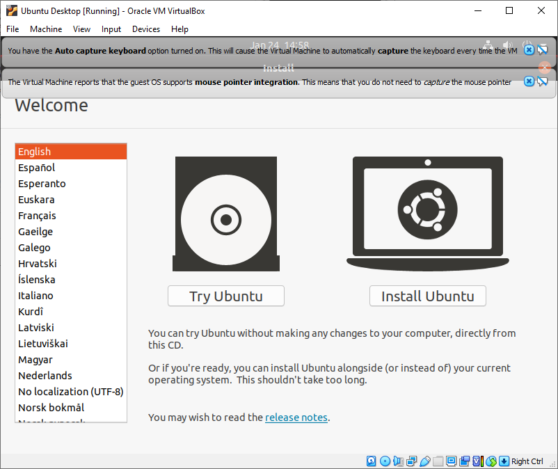 Ubuntu installation screen running on Virtual Box