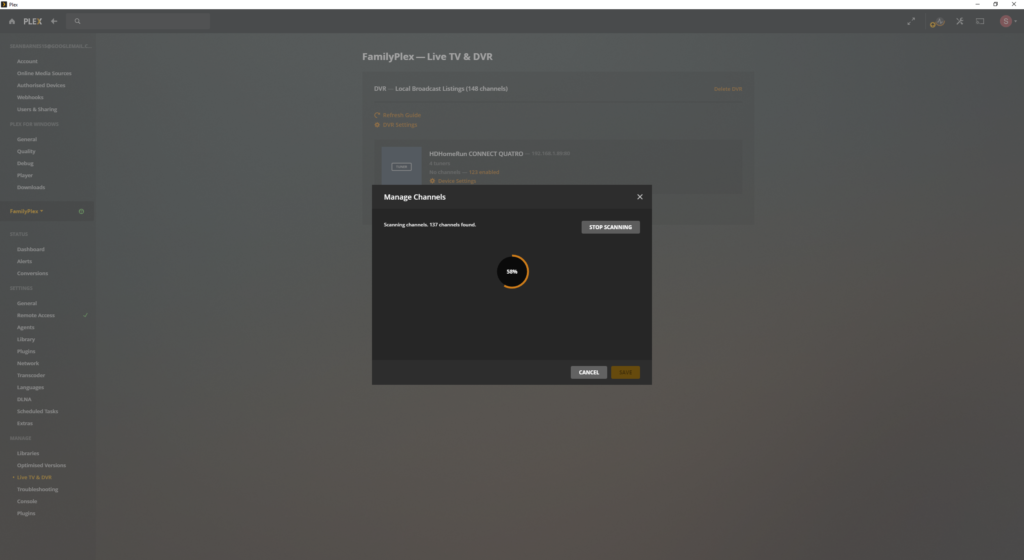 Plex scanning for channels