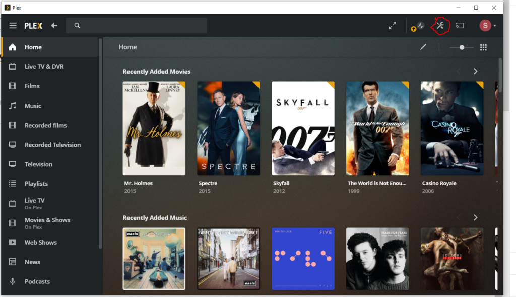 Plex windows with the settings icon a screwdriver crossing over a spanner is highlighted 