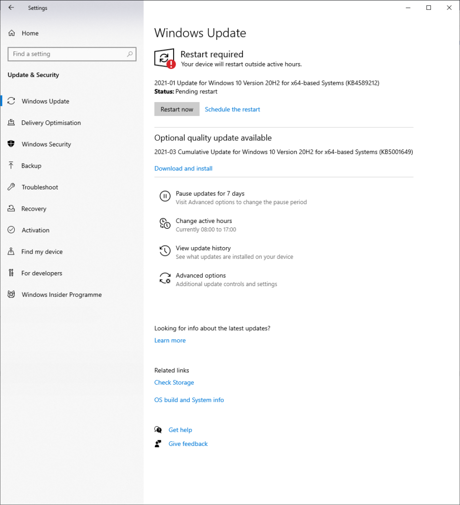 Windows update with an update available