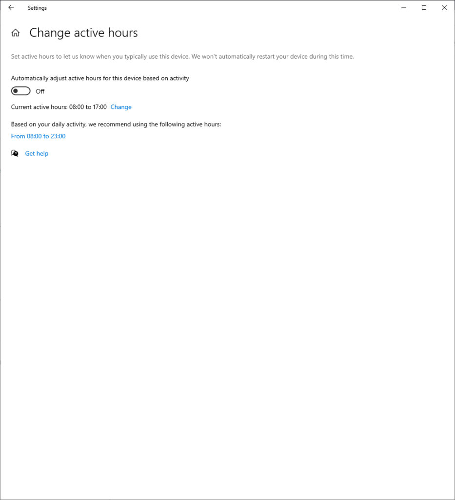 Windows update changing active hours for the system