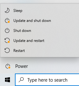 Start menu power options with updates downloaded and ready to be installed