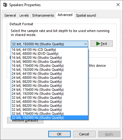 A screenshot of the sample rates available for the iFi Zen DAC after the windows drives had  been downloaded and installed.