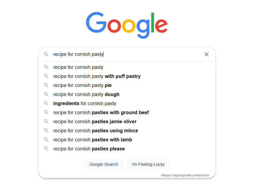 A search for Cornish pasty recipies on Google