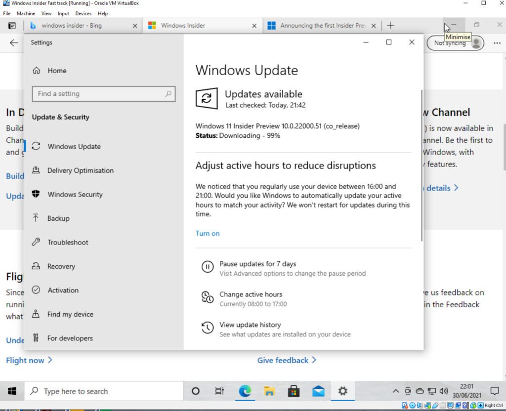 Windows 11 First Dev Release updating Windows 10 on a VirtualBox virtual machine