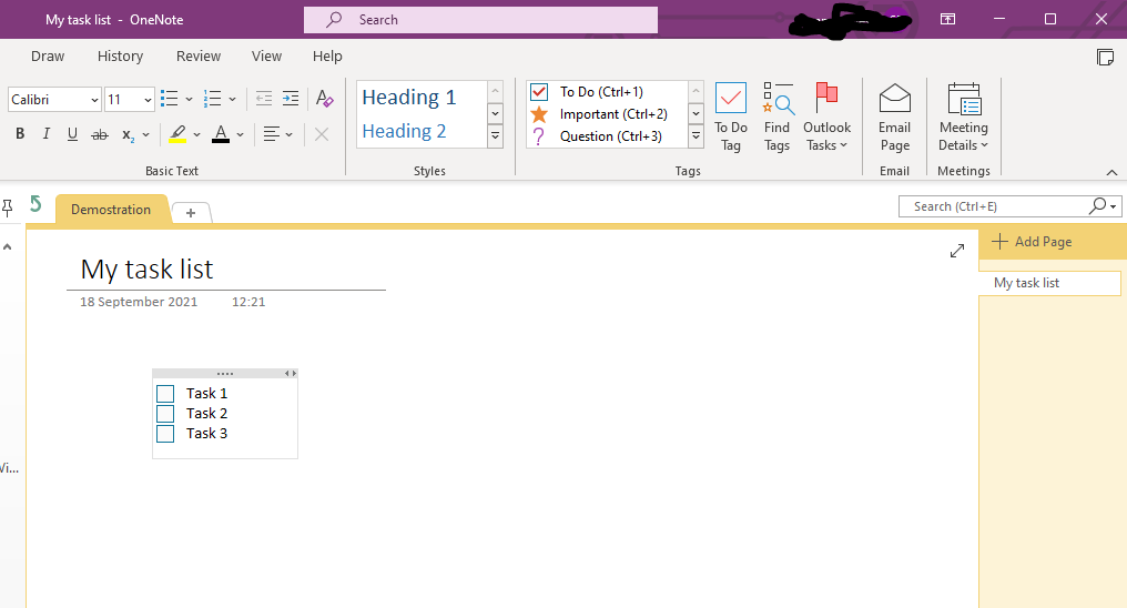 A to-do list in the OneNote office application for Windows