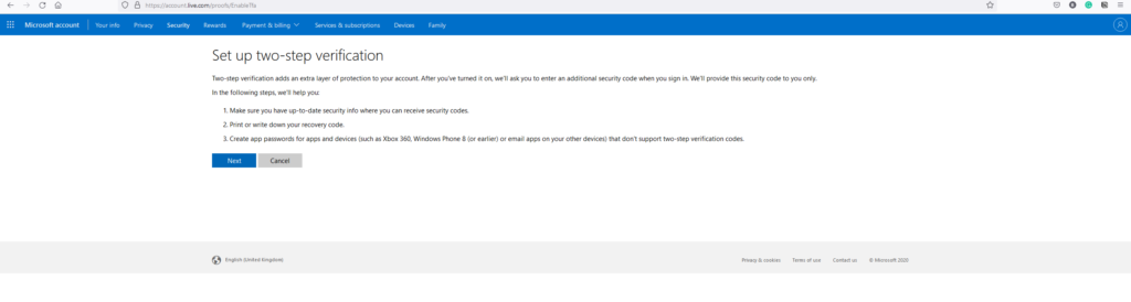 Instructions on how to set up two-step verification on your Microsoft account