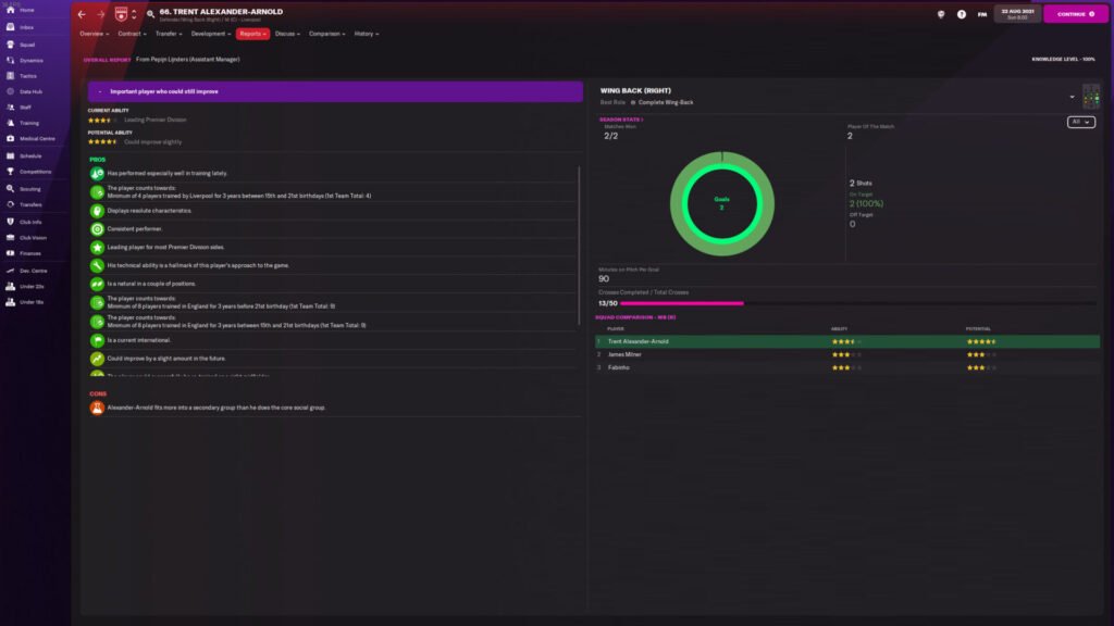 Football Manager 22 player report screen