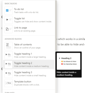 notion table of contents toggle heading