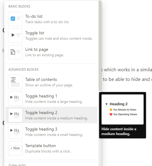 Selecting toggle headings from the Notion menu with toggle heading tip