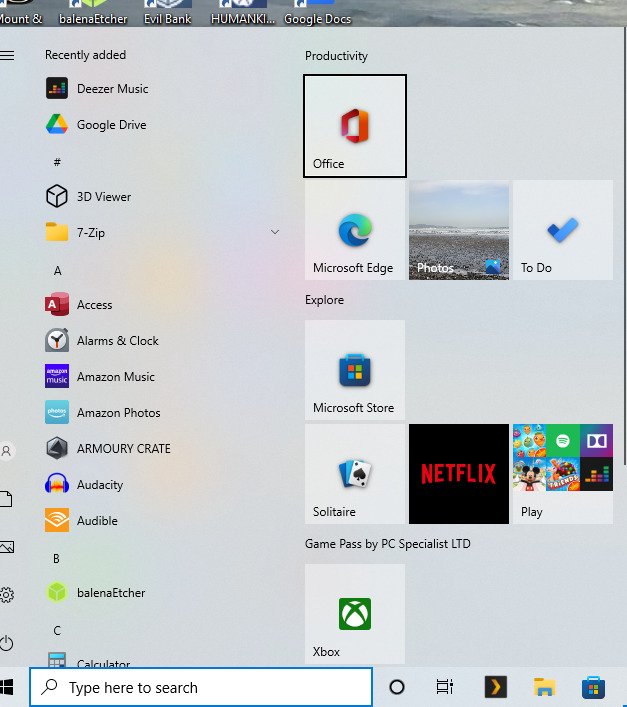 The Windows 10 start menu