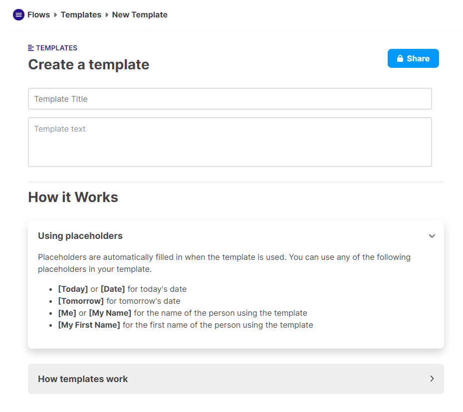 The mem.ai create a template screen displaying the application tips on using placeholders.