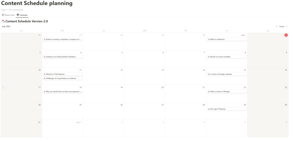 My content schedule database in Notion being displayed as a calendar