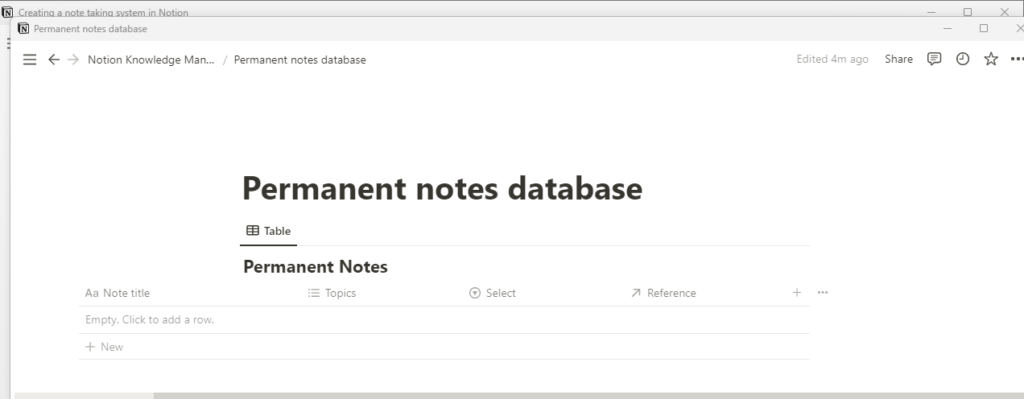 My permanent notes database in Notion before I started making any notes