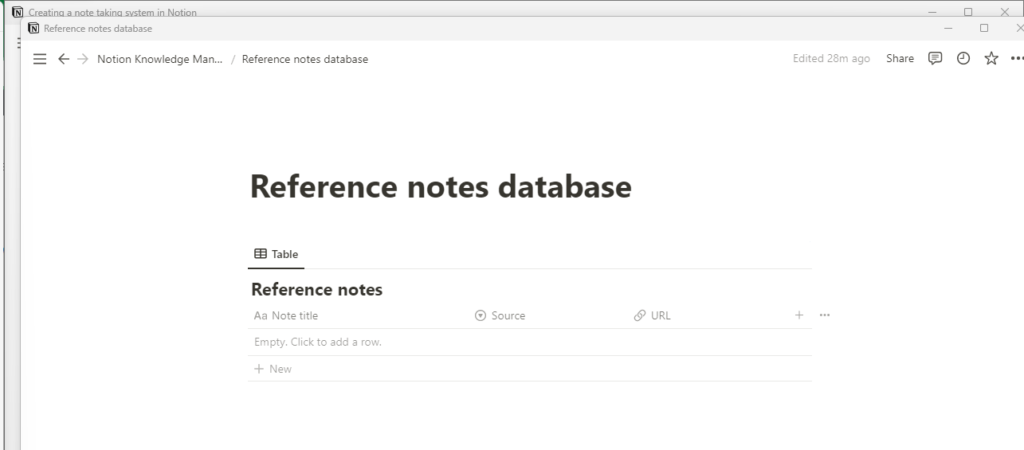 My empty Literature notes database in Notion