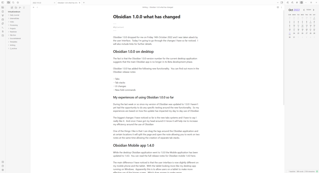 Obsidian 1.0.0 desktop application