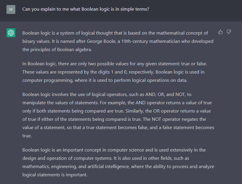 Chat GPT response to my question regarding Boolean logic