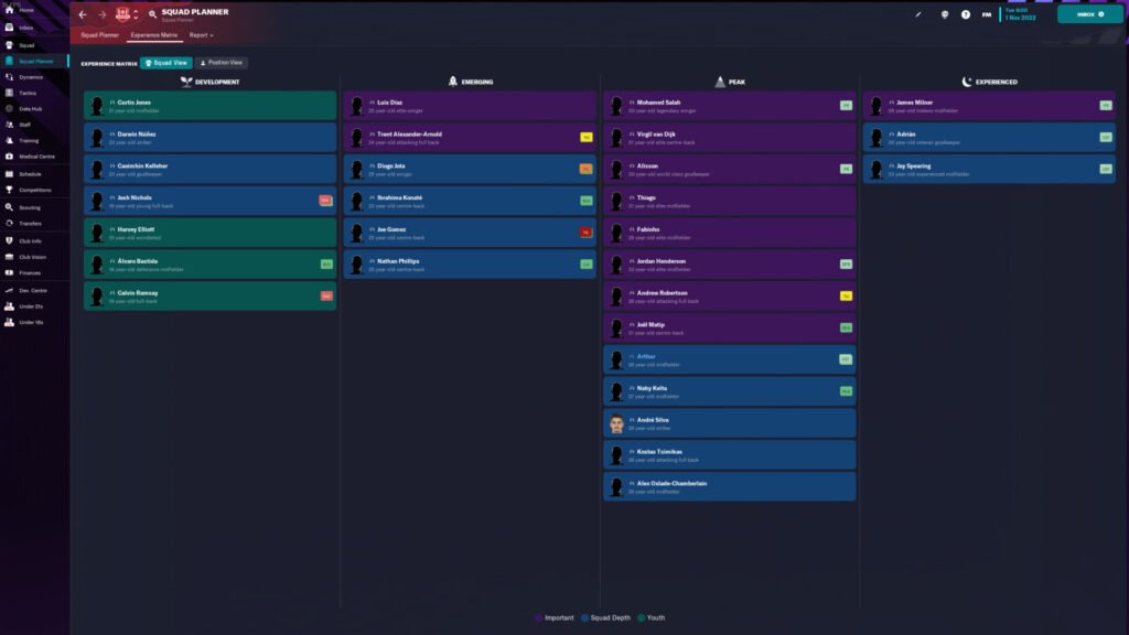 The matrix view in Football Manager squad planner