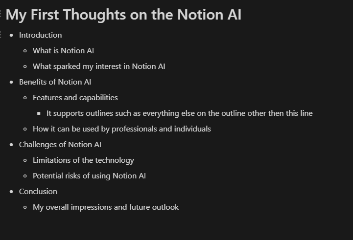Notion AI generated outline for this Blog post