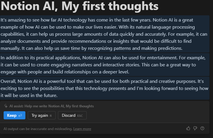 Content created by Notion AI when asked to write about Notion AI, my first thoughts.