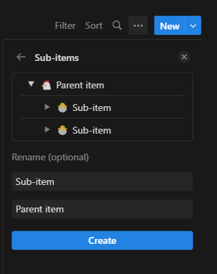 Notion sub-items menu