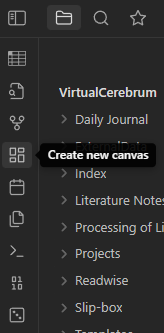Obsidian menu option for creating a new canvas