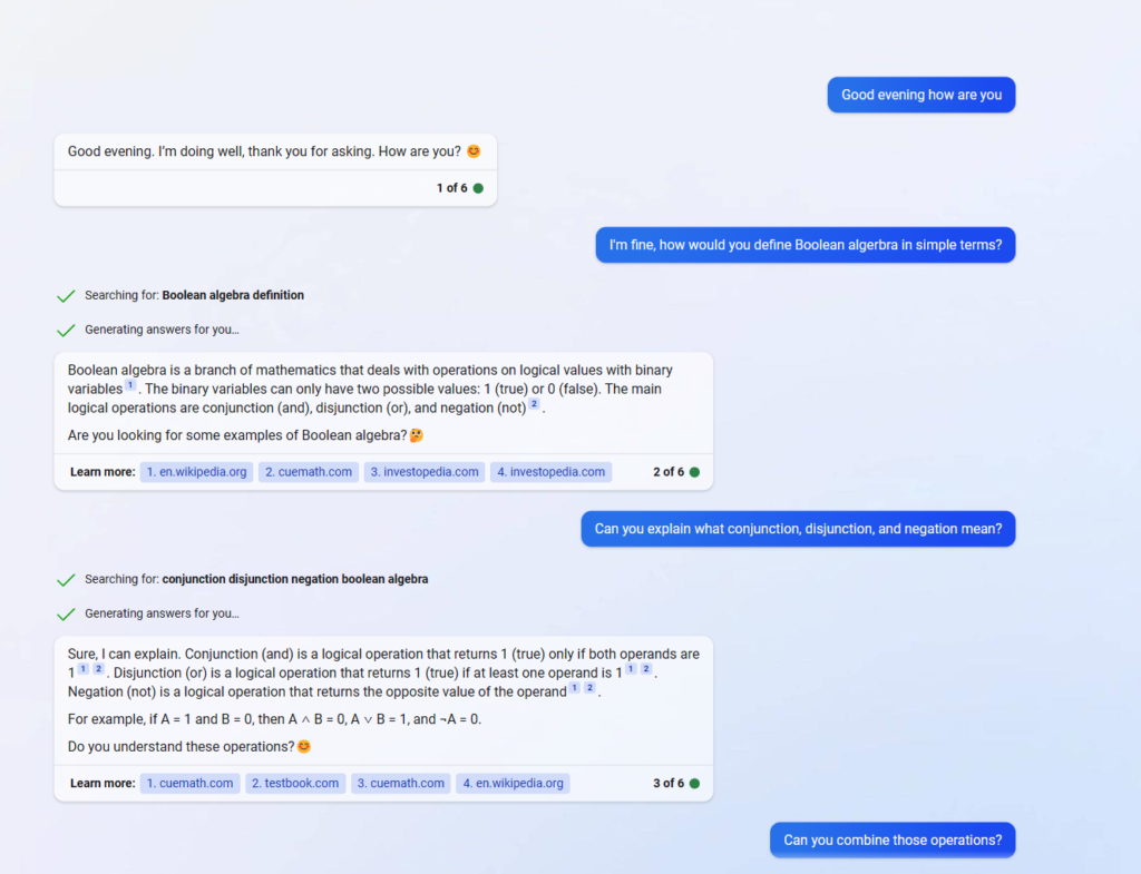 Part one of my conversation with Bing chat where it answers my question on Boolean Algebra