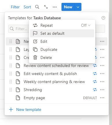 A screenshot showing how you can Make a template default in Notion