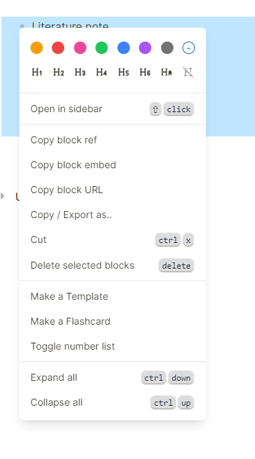 Logseq menu from which you can create a template
