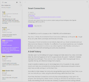 Smart Connections selected in Obsidian community plugin selector with description of plugin