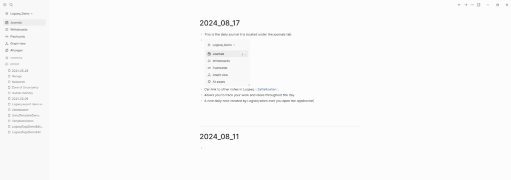 An example Logseq daily note containing notes on why you could use Logseq as a daily journal