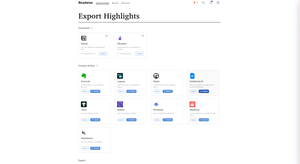 Screenshot of the Readwise export highlights page