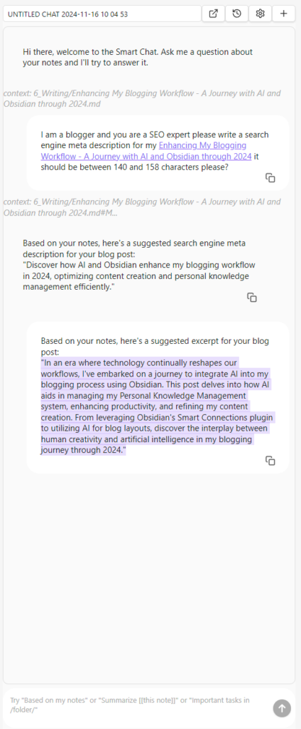 Image of my conversation with GPT4o Large Lange Model via the Obsidian Smart connection plug in to write the meta description and abstract for a CTNET blog post