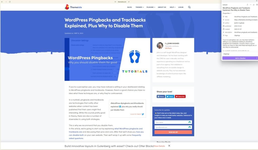 Obsidian web clipper being used to archive a page on WordPress ping backs I want to read later for specific research.