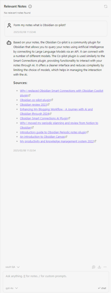 Obsidian Co-Pilot community plugin in Q/A vault mode answering a question on what I had in my Obsidian vault about Obsidian Co-Pilot.