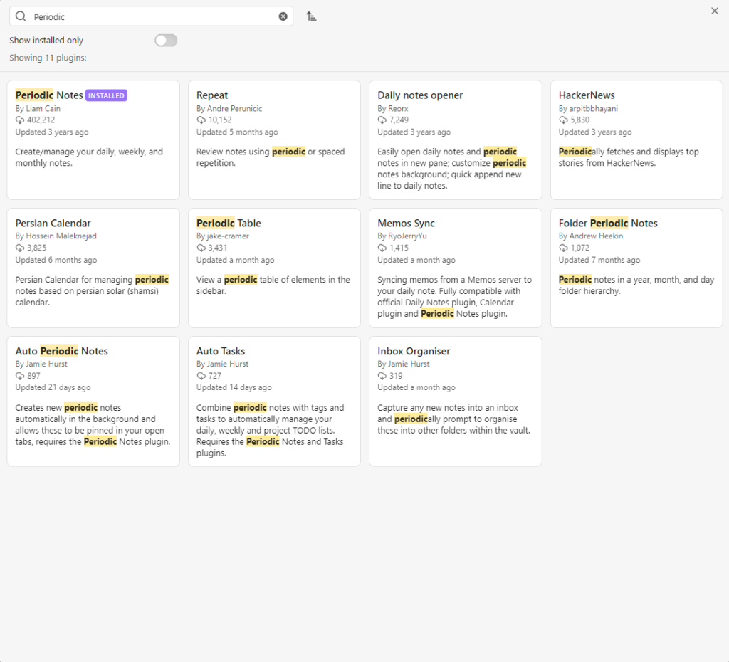 Searching for the periodic notes community plugin on using the Obsidian community plugin browser.