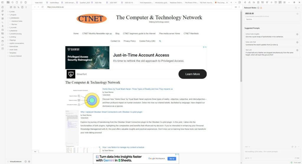 The CTNET homepage being displayed in the Obsidian web browser core plugin