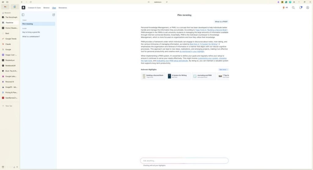 Asking Readwise chat a question "What is a PKM" the generated response include the source of the information it retrieved from my note