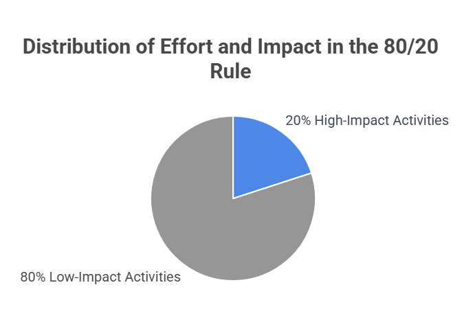 The 80/20 principle shown in a pie chart. Sowing that 20% of your work are high impact, while the other 80% have a low impact.